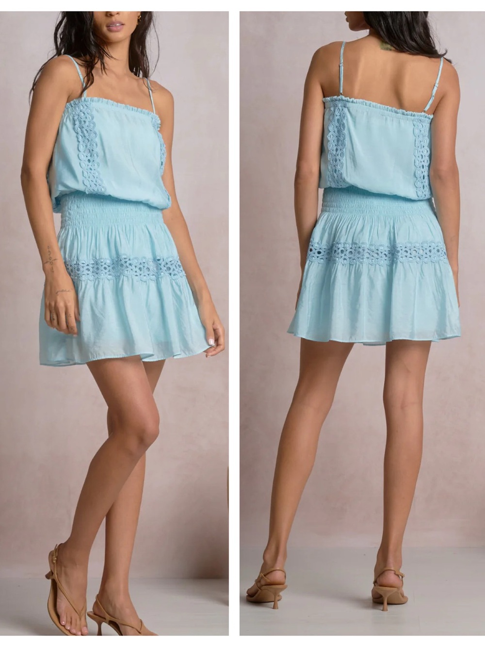 Elan Smocked Mini Dress Small Blue Bright NWT Spaghetti Strap Eyelet Trim